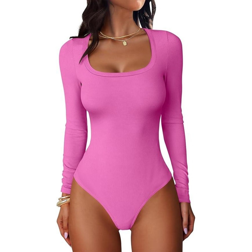 ANRABESS Women's L Scoop Neck Bodysuit Long Sleeve Top Slim Fit Ribbed Knit Sexy